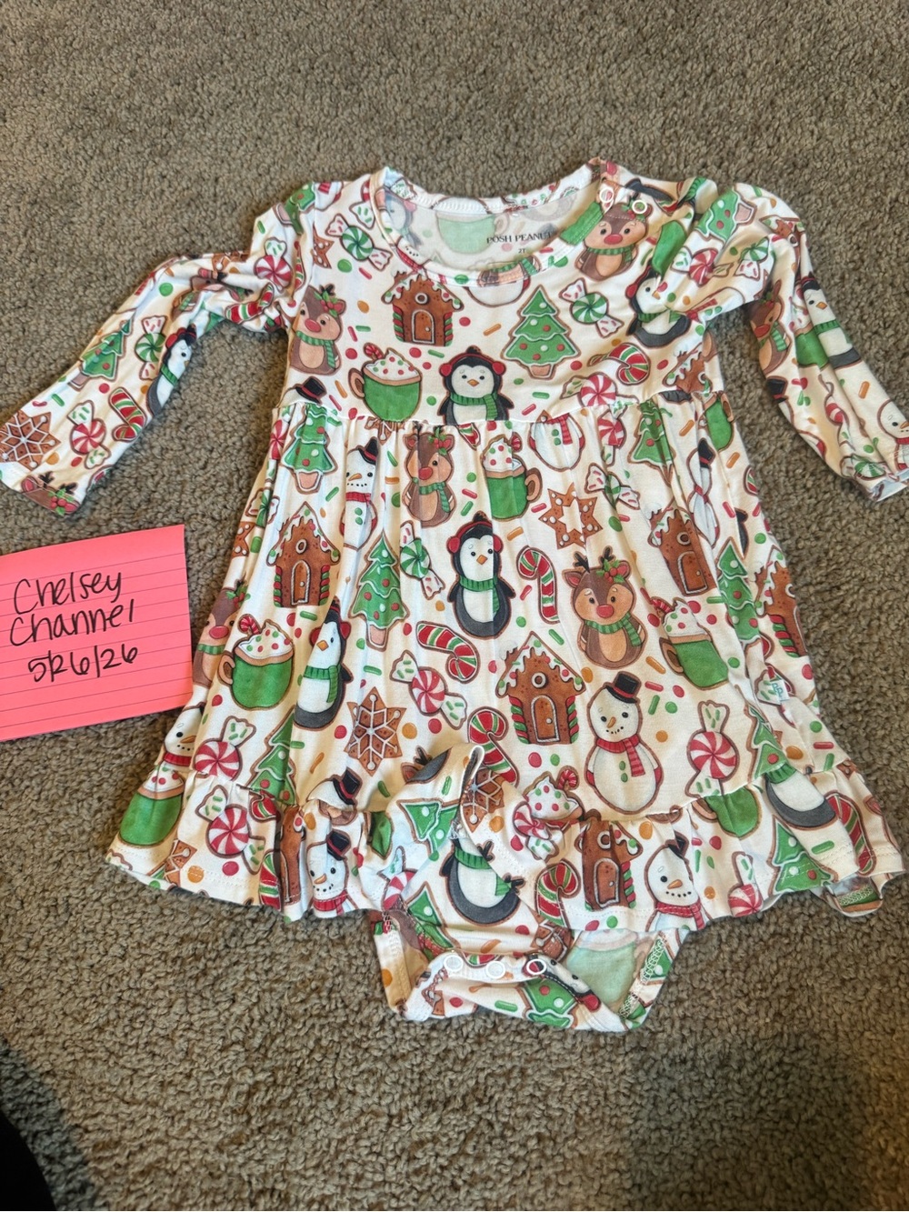 Posh Peanut Print Long Sleeve Baby Dress Bodysuit